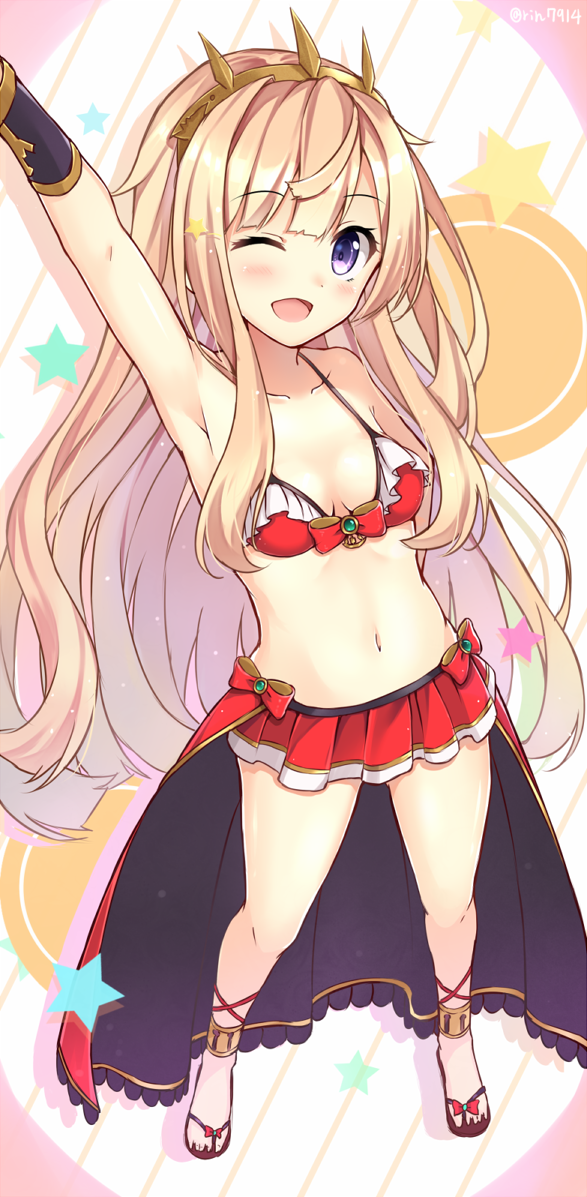 1girl arm_up bikini bikini_skirt blonde_hair cagliostro_(granblue_fantasy) collarbone granblue_fantasy long_hair navel nikkunemu one_eye_closed open_mouth overskirt red_bikini smile solo swimsuit very_long_hair violet_eyes