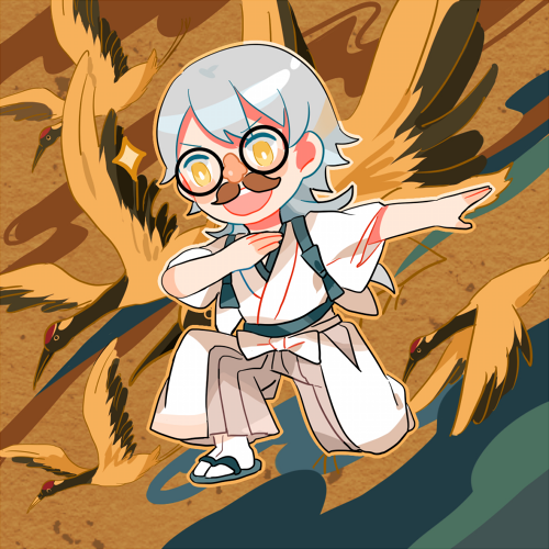 1boy funny_glasses getiao glasses japanese_clothes lowres male_focus one_knee open_mouth red-crowned_crane silver_hair solo sparkle touken_ranbu tsurumaru_kuninaga yellow_eyes