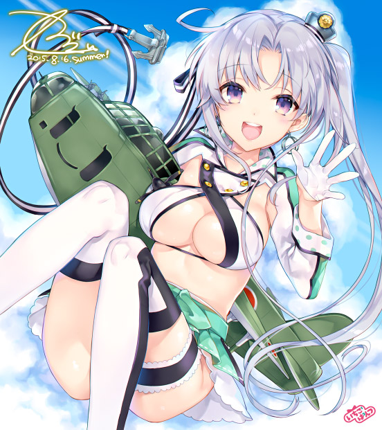 1girl :d adapted_costume ahoge akitsushima_(kantai_collection) anchor bangs breasts cleavage_cutout earrings flying_boat gloves grey_hair hair_ornament hair_ribbon jewelry kaguyuzu kantai_collection long_hair looking_at_viewer machinery military military_uniform nishikitaitei-chan open_mouth parted_bangs payot pleated_skirt purple_hair ribbon side_ponytail skirt smile solo thigh-highs uniform violet_eyes white_gloves zettai_ryouiki