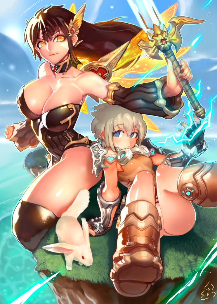 2girls armor blue_eyes boots breasts brown_hair cleavage earrings electricity grass grey_hair jewelry jintetsu large_breasts leotard long_hair multiple_girls nail_polish rabbit short_hair sky smile sword water weapon yellow_eyes