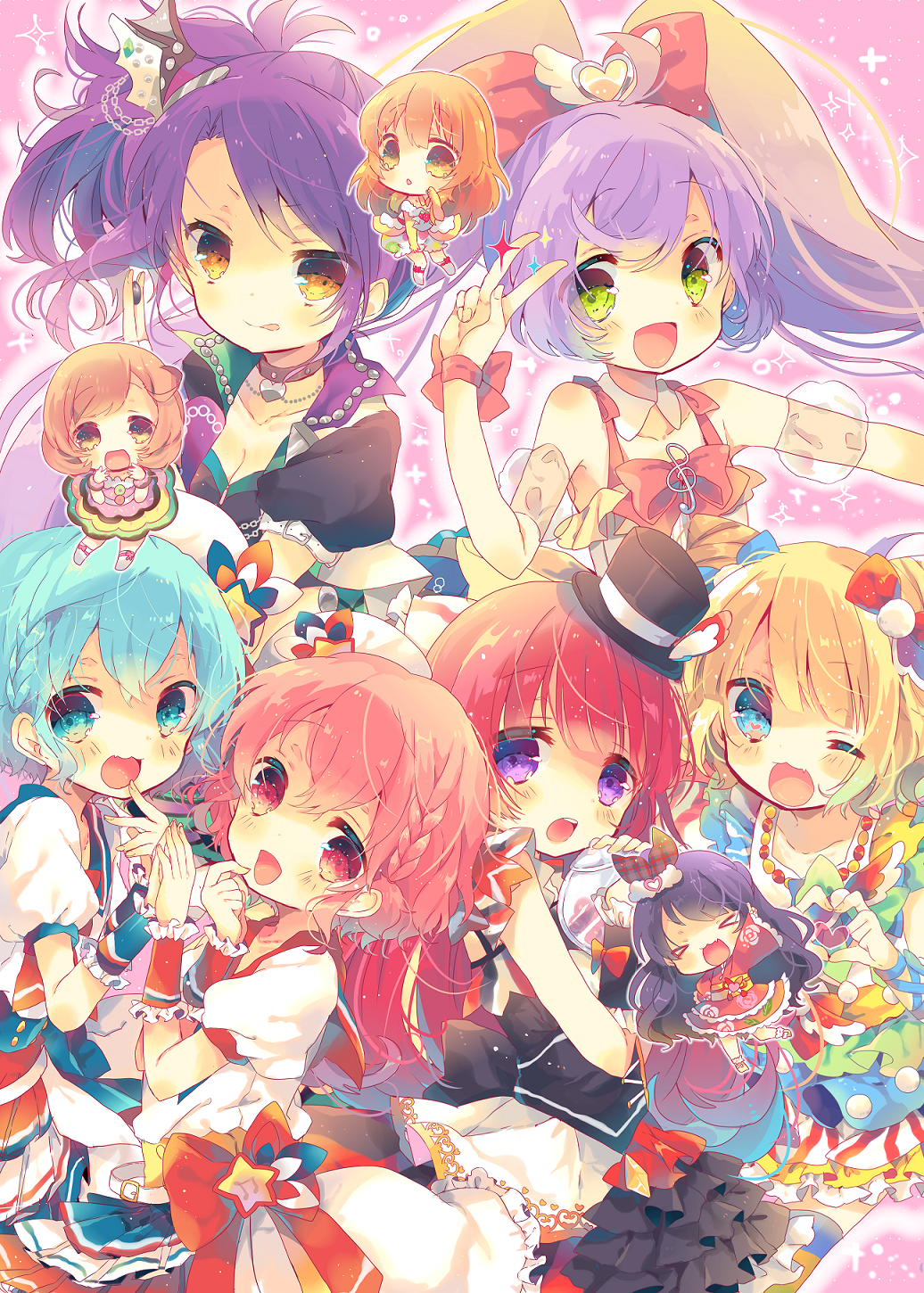 &gt;_&lt; 1boy 1girl 6+girls :q ahoge blonde_hair blue_eyes blue_hair blush bow braid brother_and_sister brown_eyes brown_hair chain character_request chibi collar detached_collar detached_sleeves dorothy_west double_bun fang frills green_eyes hair_bow hair_ornament hands_together hat heart heart_hair_ornament heart_hands highres houjou_sophie idol japanese_clothes kimono kimono_skirt leona_west long_hair looking_at_viewer manaka_lala minami_mirei mini_top_hat multiple_girls nekoto_rina one_eye_closed open_mouth otoko_no_ko pink_hair pripara puffy_detached_sleeves puffy_sleeves purple_hair redhead short_hair siblings side_ponytail smile sparkle tongue tongue_out top_hat toudou_shion treble_clef twintails v violet_eyes wrist_cuffs yellow_eyes