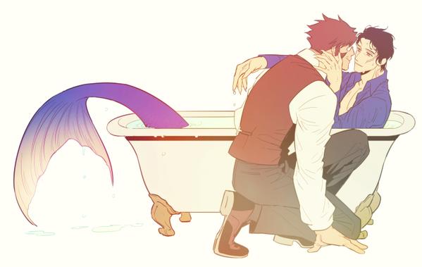 2boys artist_request bathtub character_request copyright_request mermaid monster_boy open_clothes tagme yaoi