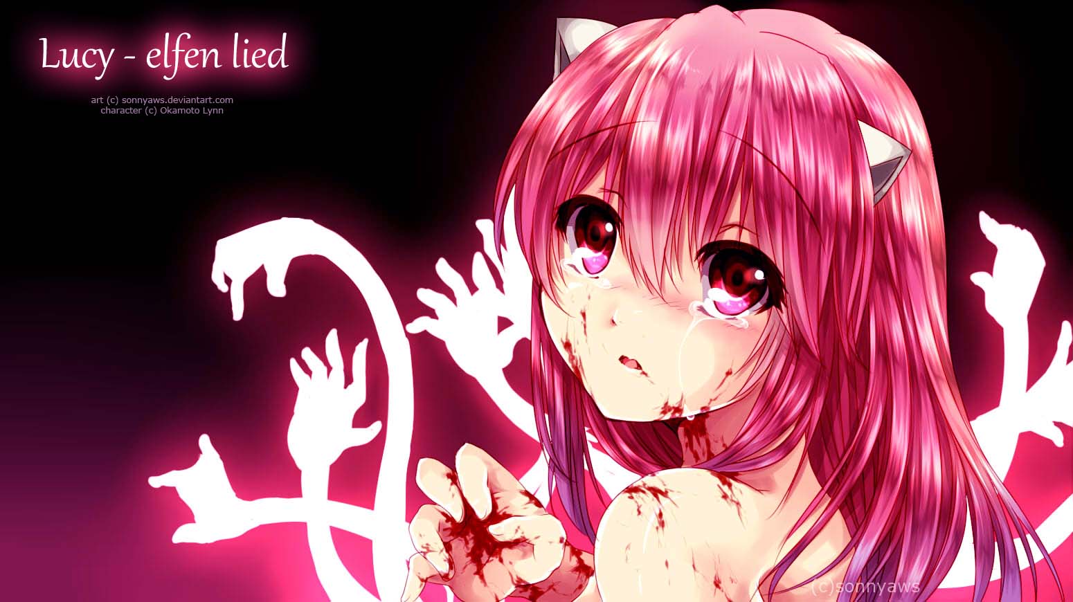 1girl blood elfen_lied horns long_hair looking_at_viewer lucy nude open_mouth pink_eyes pink_hair red_eyes solo sonnyaws vectors