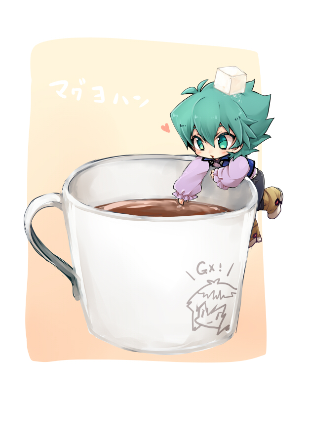 1boy blush cup green_eyes green_hair heart johan_andersen long_sleeves male_focus miniboy mug no_pupils open_mouth short_hair solo sugar_cube tobi_(one) yuu-gi-ou yuu-gi-ou_gx