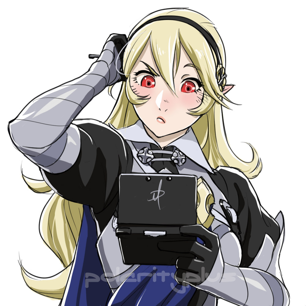 1girl armor blonde_hair cape daniel_macgregor fire_emblem fire_emblem_if gauntlets hairband handheld_game_console long_hair my_unit_(fire_emblem_if) nintendo nintendo_3ds pointy_ears red_eyes