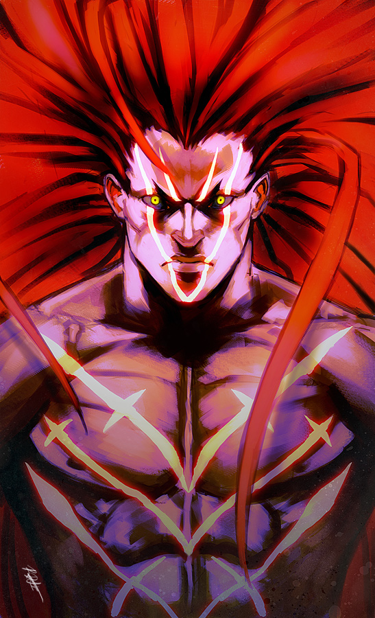 1boy abs black_sclera constricted_pupils facepaint floating_hair long_hair male_focus muscle necalli redhead rejean_dubois solo street_fighter street_fighter_v tribal upper_body very_long_hair yellow_eyes