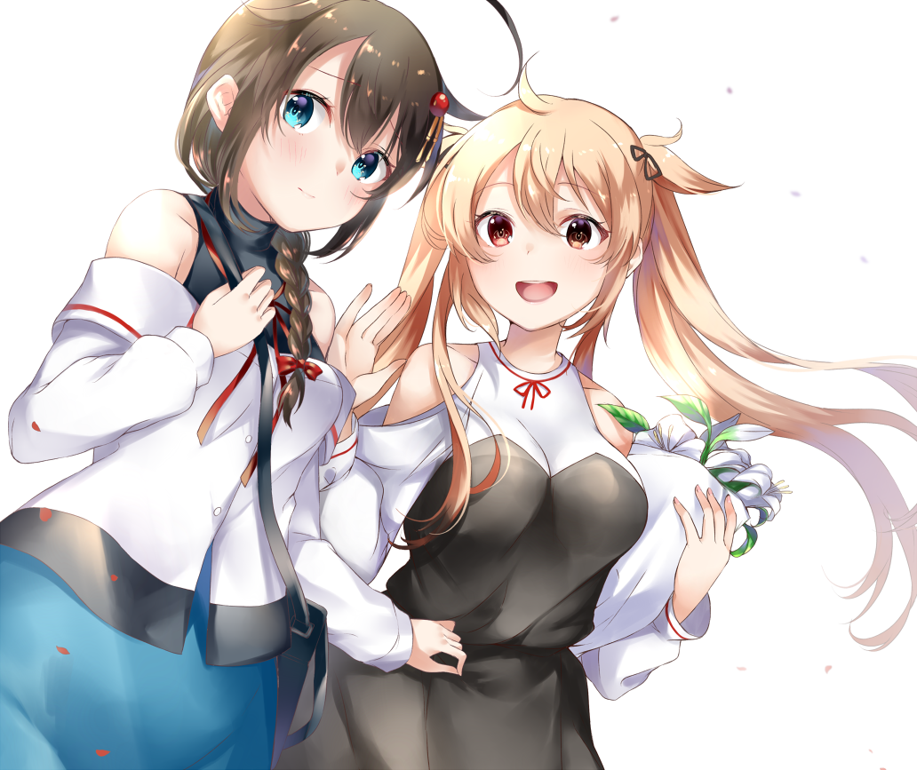 2girls ahoge alternate_costume bangs blonde_hair blue_eyes blush bouquet braid breasts brown_eyes brown_hair casual closed_mouth cowboy_shot cropped_jacket dress flower gradient_hair hair_flaps hair_ornament hair_over_shoulder hair_ribbon hand_up holding holding_bouquet kantai_collection long_hair looking_at_viewer mashiro_aa multicolored_hair multiple_girls murasame_(kantai_collection) off-shoulder_shirt off_shoulder open_mouth red_eyes remodel_(kantai_collection) ribbon shigure_(kantai_collection) shirt sidelocks simple_background single_braid skirt smile twintails white_background white_shirt