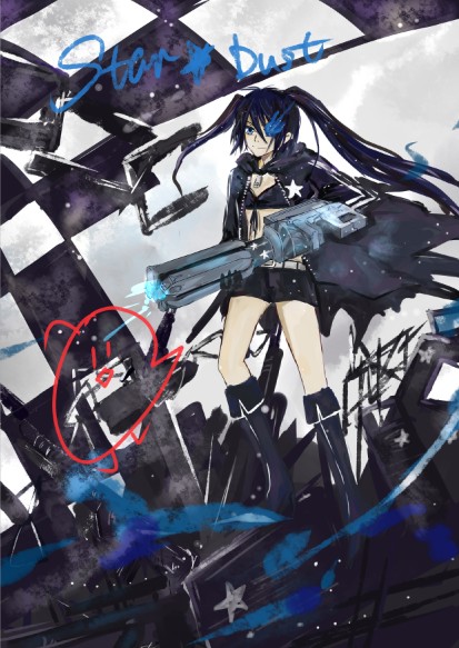 black_hair black_rock_shooter black_rock_shooter_(character) blue_eyes chain chains coat gloves gun long_hair signature twintails weapon