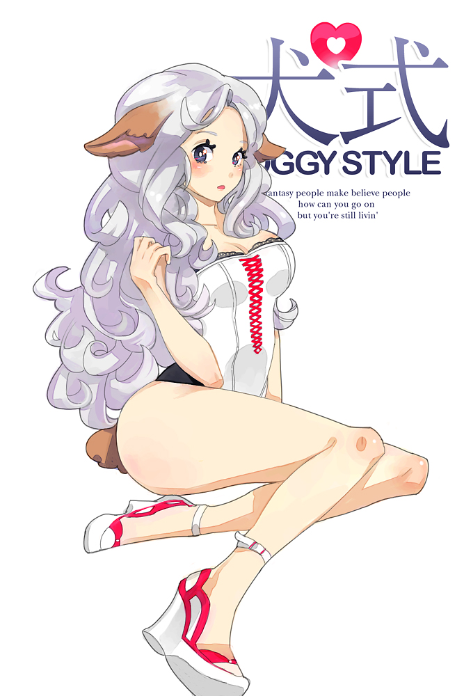 ass blush breasts corset curly_hair dog_ears dog_tail espadrilles high_heels hitowa large_breasts legs long_hair original shoes sitting tail