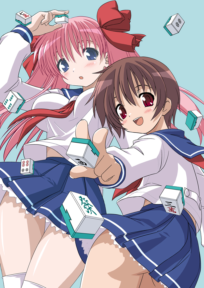 ass_cheeks blue_eyes blush brown_hair haramura_nodoka mahjong miyanaga_saki multiple_girls pink_hair red_eyes ribbon saki school_uniform serafuku shinjou_satomi short_hair twintails