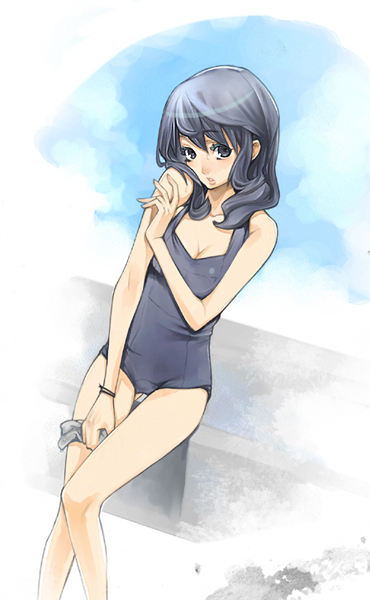 black_hair breasts cleavage hitowa long_hair one-piece_swimsuit school_swimsuit swimsuit