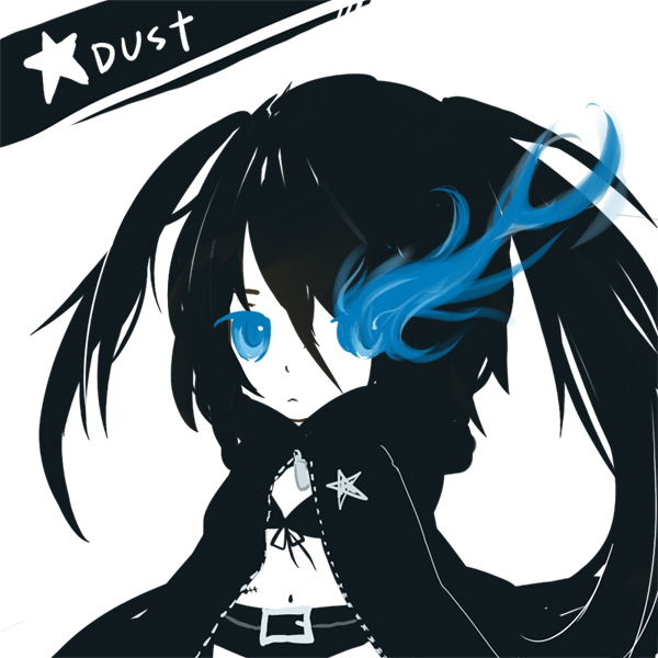 black_rock_shooter black_rock_shooter_(character) blue_eyes chibi coat gloves scar star twintails