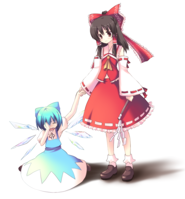 blue_hair bow brown_hair cirno crying dress gohei hair_bow hakurei_reimu holding_hands kneeling long_hair multiple_girls red_eyes ribbon sad short_hair tears touhou usume_shirou wings