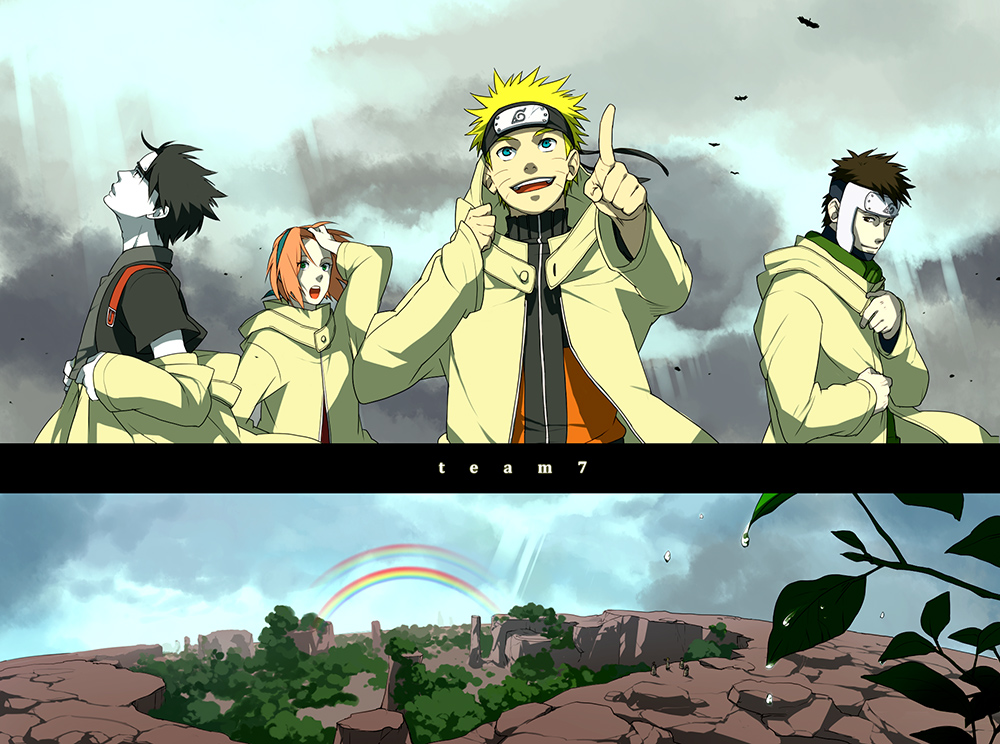 blonde_hair blue_eyes cloud clouds coat double_rainbow hairband haruno_sakura headband hood i_(kaiyou) naruto nature open_mouth pink_hair pointing rainbow sai sai_(naruto) scenery short_hair sky uzumaki_naruto yamato_(naruto)