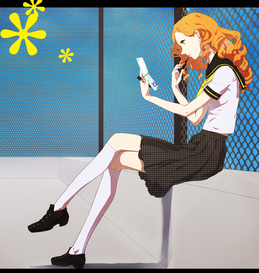 applying_makeup breasts crossed_legs curly_hair ebihara_ai egawa_satsuki fence houndstooth jack_frost kneehighs konishi_saki legs lipgloss lips lipstick long_hair makeup mirror orange_eyes orange_hair persona persona_4 satsuki_(dorowa) school_uniform serafuku shoes sitting skirt socks solo white_legwear