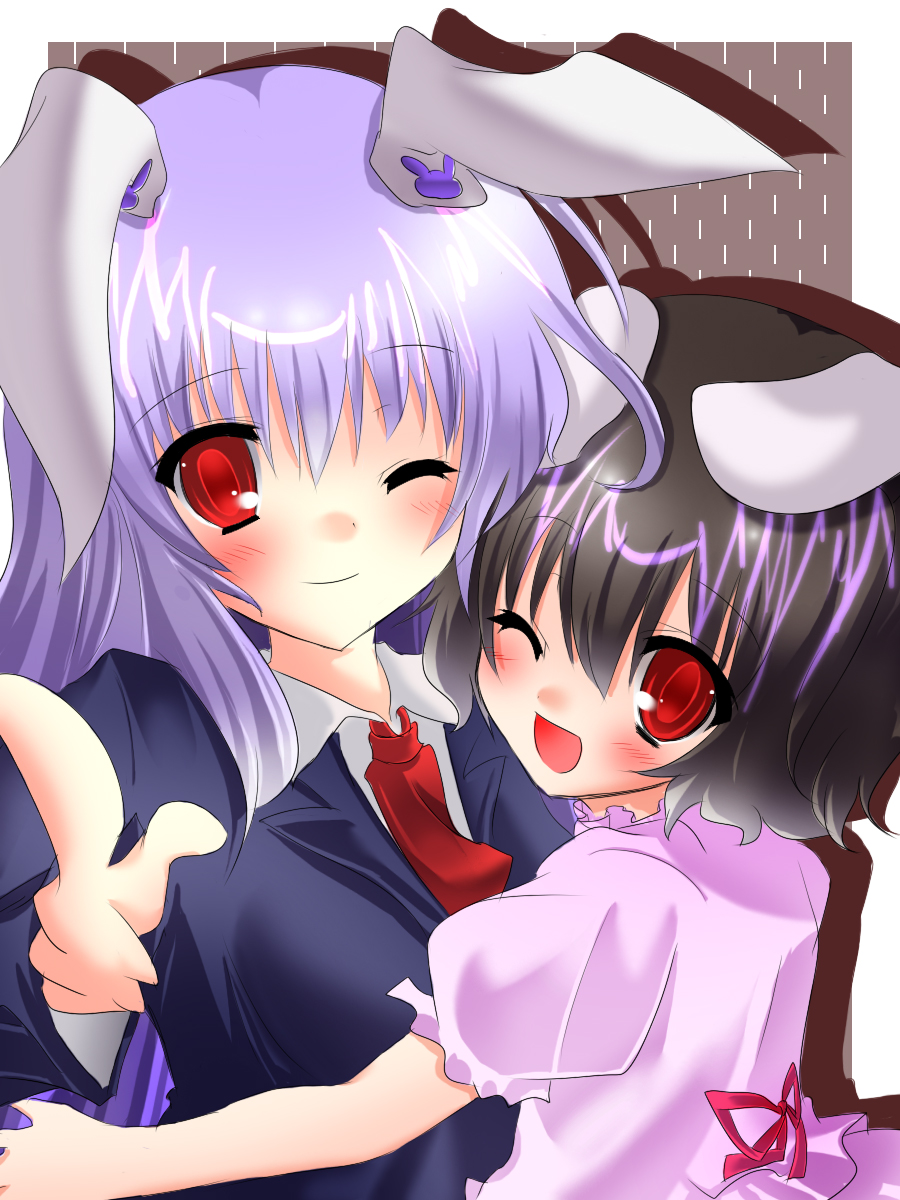 2girls bad_id black_hair blush collar gown highres hugging inaba_tewi jacket nemokochi purple_hair rabbit_ears red_eyes reisen_udongein_inaba tie touhou wink