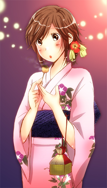 1girl amagami brown_hair hair_ornament japanese_clothes kimono kinchaku sakurai_rihoko short_hair solo takoyaki yacchi yukata