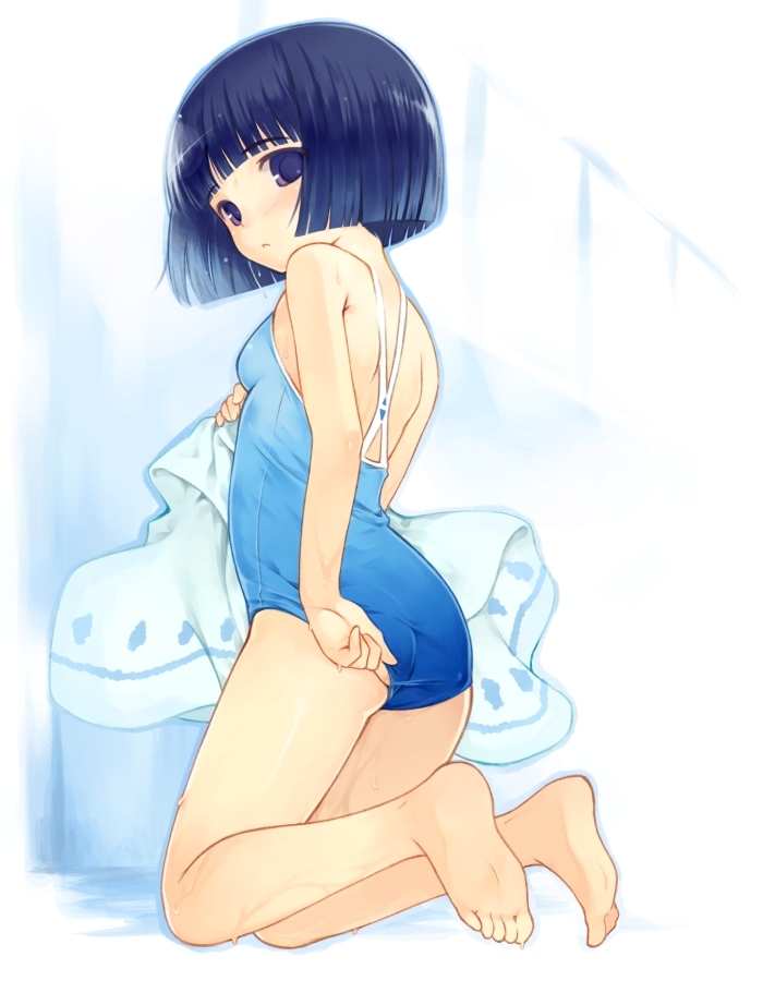 ass barefoot blue_eyes blue_hair blush bob_cut feet kneeling kurasuke looking_back one-piece_swimsuit short_hair soles swimsuit wet