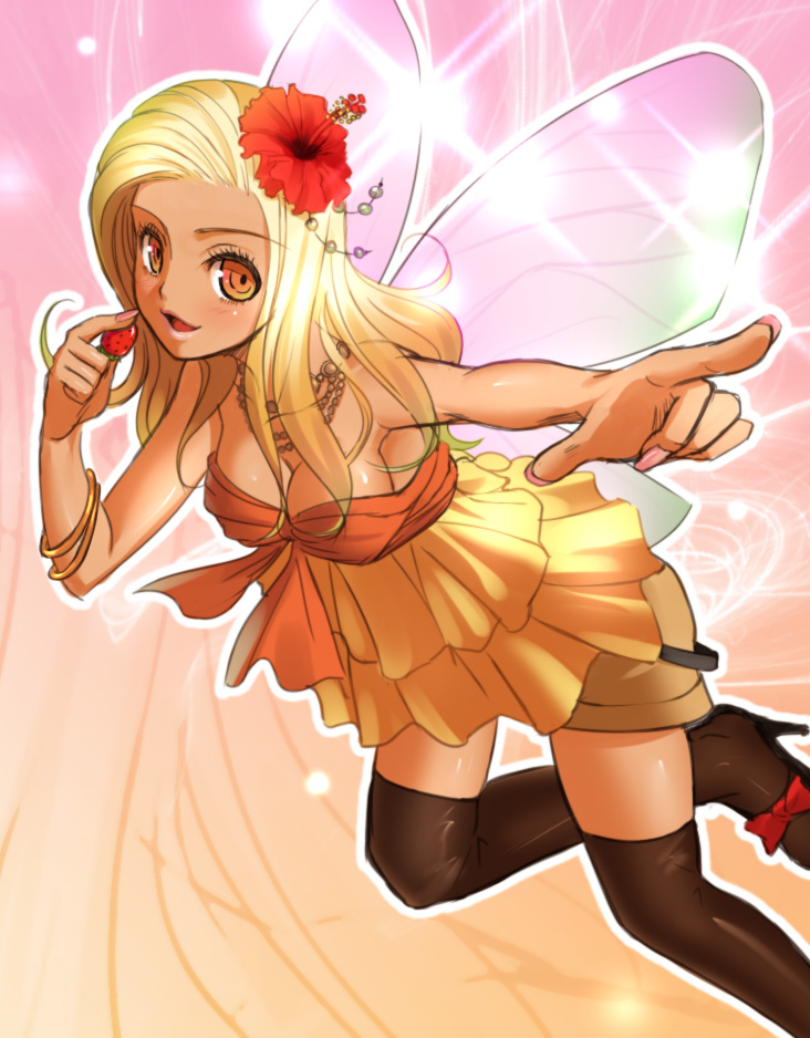 blonde_hair bracelet breasts cleavage dark_skin dragon_quest dragon_quest_ix fairy flower food foreshortening fruit ganguro hands hibiscus high_heels holding holding_fruit jewelry nail_polish okaka pointing sandy_(dq9) shoes solo strawberry tan thigh-highs thighhighs wings zettai_ryouiki