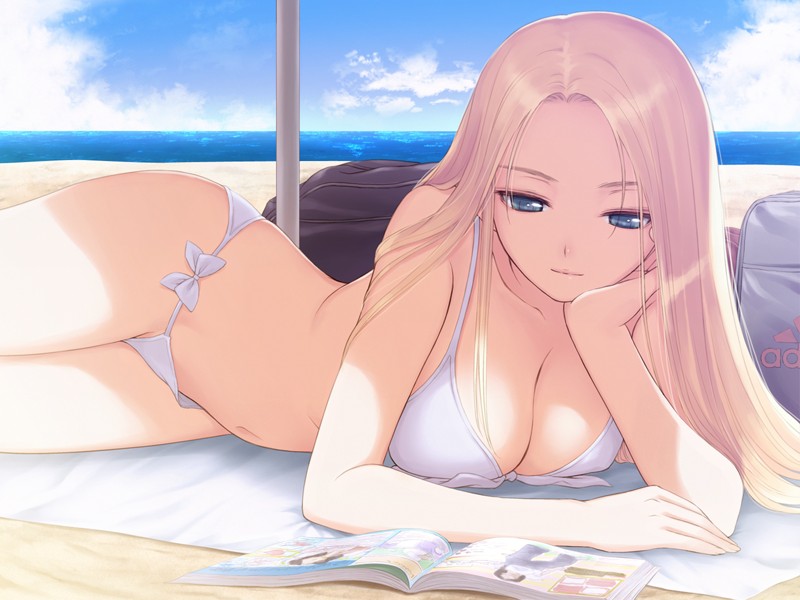 1girl beach bikini blonde_hair blue_eyes book breast_press breasts chin_rest cleavage cloud date_wingfield_reiko fault!! front-tie_top game_cg long_hair lying magazine on_side reading side-tie_bikini sky smile solo swimsuit taka_tony water