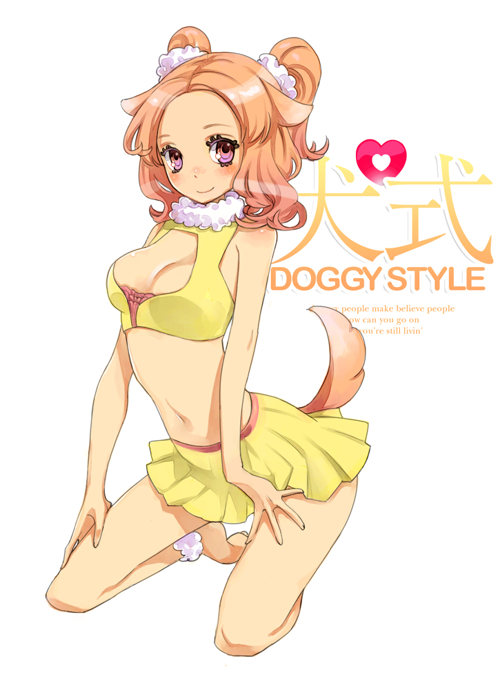 1girl barefoot blush breasts brown_hair cleavage dog_ears dog_tail hands hitowa kneeling large_breasts original pink_eyes skirt smile solo tail twintails
