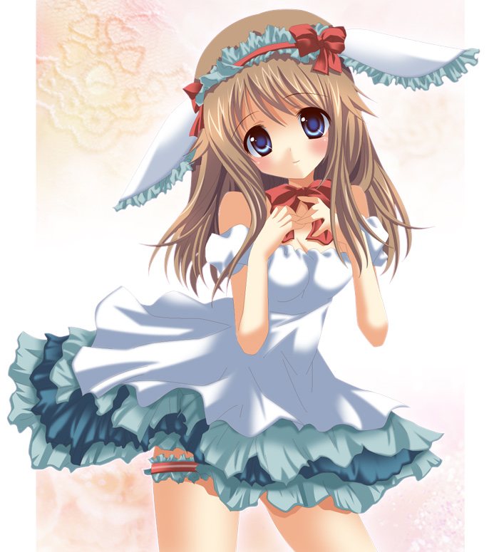 bad_id blue_(pokemon) blue_eyes breasts brown_hair cleavage dress frills garters hairband katima leg_garter long_hair nintendo pokemon pokemon_special ribbon solo