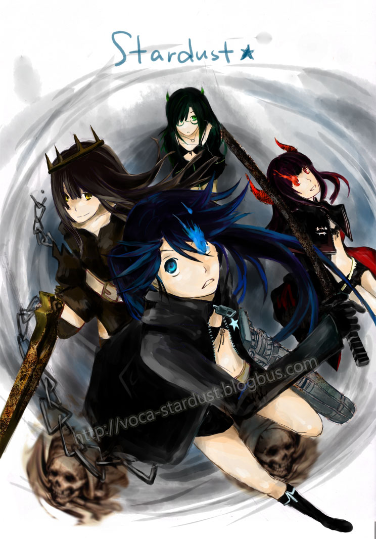 annotated arm_cannon bangs belt bikini_top black_devil_girl black_gold_saw black_hair black_rock_shooter black_rock_shooter_(character) blue_eyes boots chain chains coat crown dragon_slayer everyone flat_chest front-tie_top glasses gloves glowing glowing_eyes gothic green_eyes gun hair_over_one_eye hatori(ky hood hooded_jacket horns jacket jewelry katana knee_boots long_hair midriff multiple_girls navel necklace red_eyes scar short_shorts shorts skull smile star sword thighhighs twintails uneven_twintails weapon yellow_eyes zipper