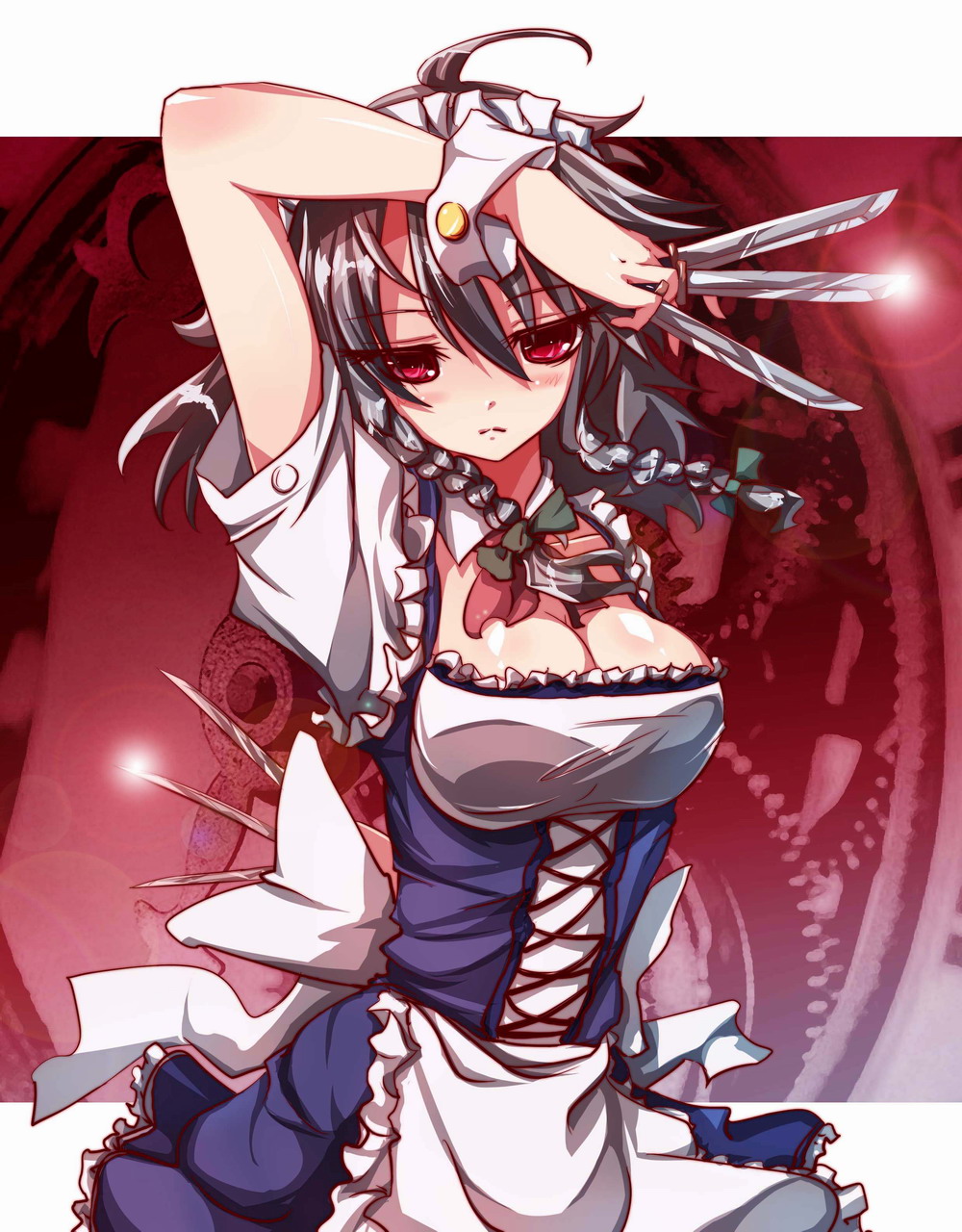 arm_up braid breasts cleavage highres izayoi_sakuya knife outside_of_border red_eyes ryuuzaki_itsu short_hair silver_hair solo touhou twin_braids wrist_cuffs