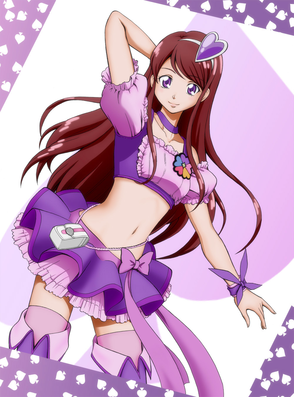 1girl aikatsu! brown_hair choker cosplay cure_berry cure_berry_(cosplay) fresh_precure! frilled_skirt frills hair_ornament happy heart highres long_hair looking_at_viewer midriff navel precure sabamiso shibuki_ran shirt skirt smile solo spade standing thigh-highs violet_eyes wrist_cuffs
