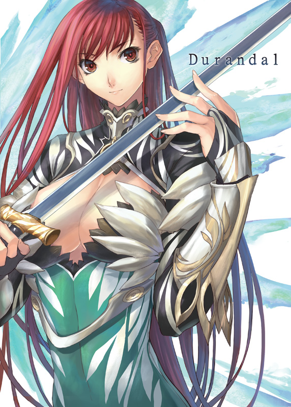 bracer breasts bridal_gauntlets cleavage cleavage_cutout dress feathers large_breasts long_hair orange_eyes ran'ou_(tamago_no_kimi) ranou red_hair redhead solo sword very_long_hair weapon