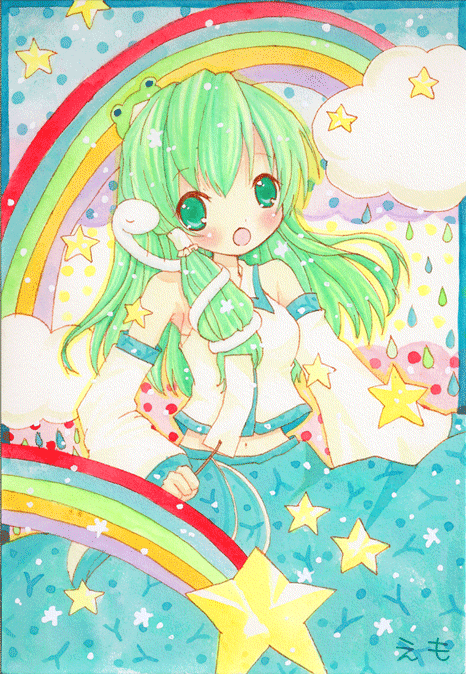 emo_(artist) emo_(mikan) green_eyes green_hair kochiya_sanae long_hair rainbow signature snake star touhou traditional_media