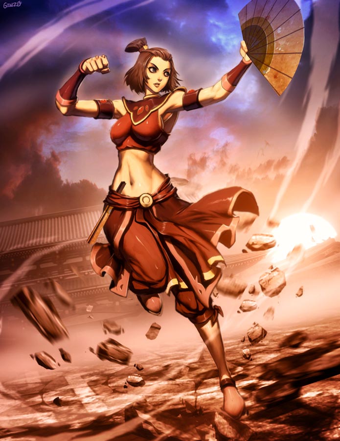 avatar:_the_last_airbender avatar_the_last_airbender breasts brown_hair fan fighting_stance gauntlet gauntlets genzoman halter_top halterneck midriff navel nickelodeon ponytail rock short_hair sideboob suki suki_(avatar) topknot wind