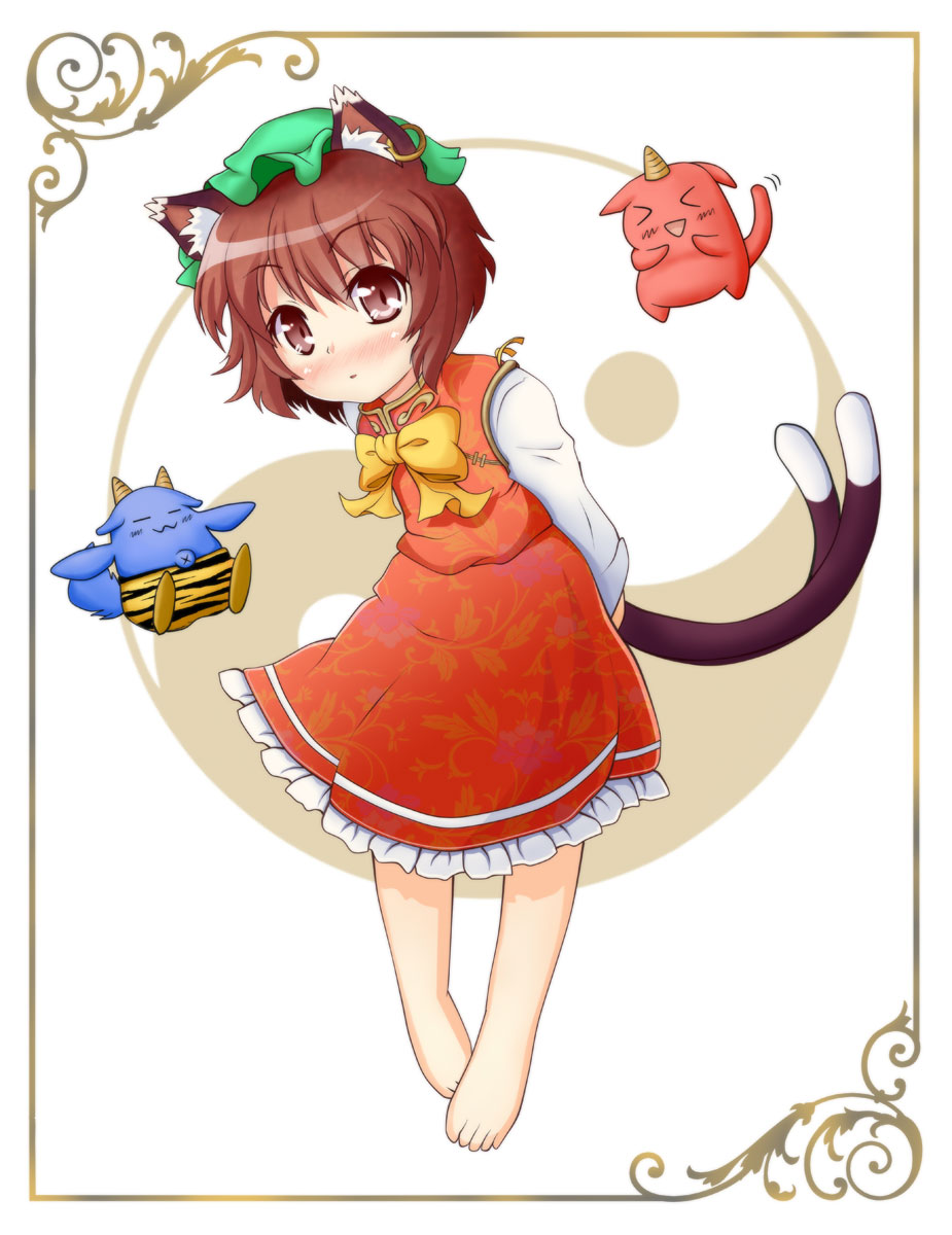 animal_ears bad_feet barefoot blue_oni brown_eyes brown_hair cat_ears cat_tail chen earrings face frame hat highres jewelry leaning_forward marimo_inu multiple_tails oni red_oni solo tail touhou yin_yang