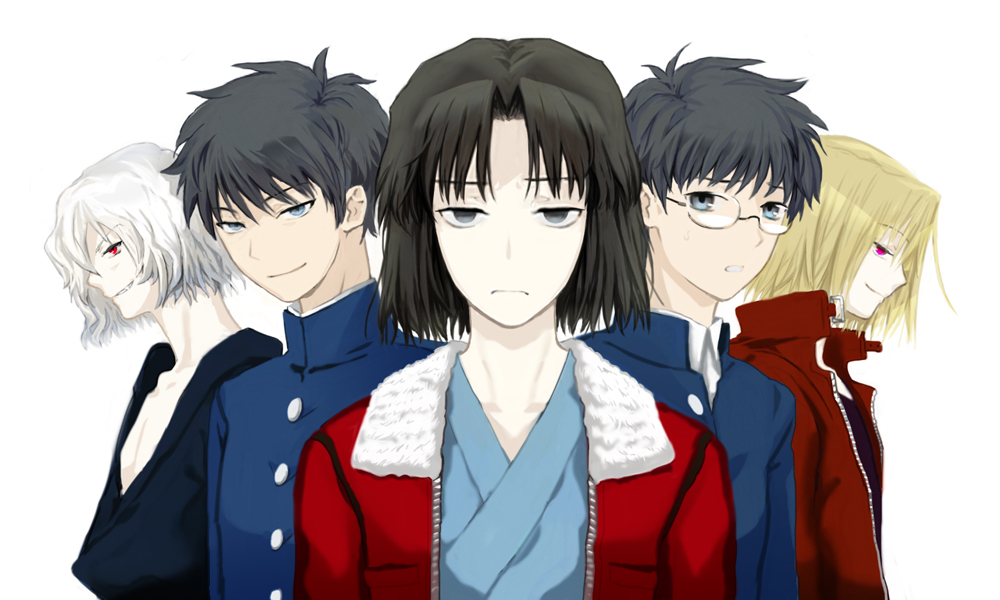 4boys black_eyes black_hair blonde_hair empty_eyes frown gakuran glasses jacket kara_no_kyoukai kuroi looking_back melty_blood multiple_boys multiple_persona namesake nanaya_shiki red_eyes red_jacket ryougi_shiki school_uniform shirazumi_lio short_hair silver_hair smile tohno_shiki tohno_shiki_(2) toono_shiki toono_shiki_(2) tsukihime type-moon