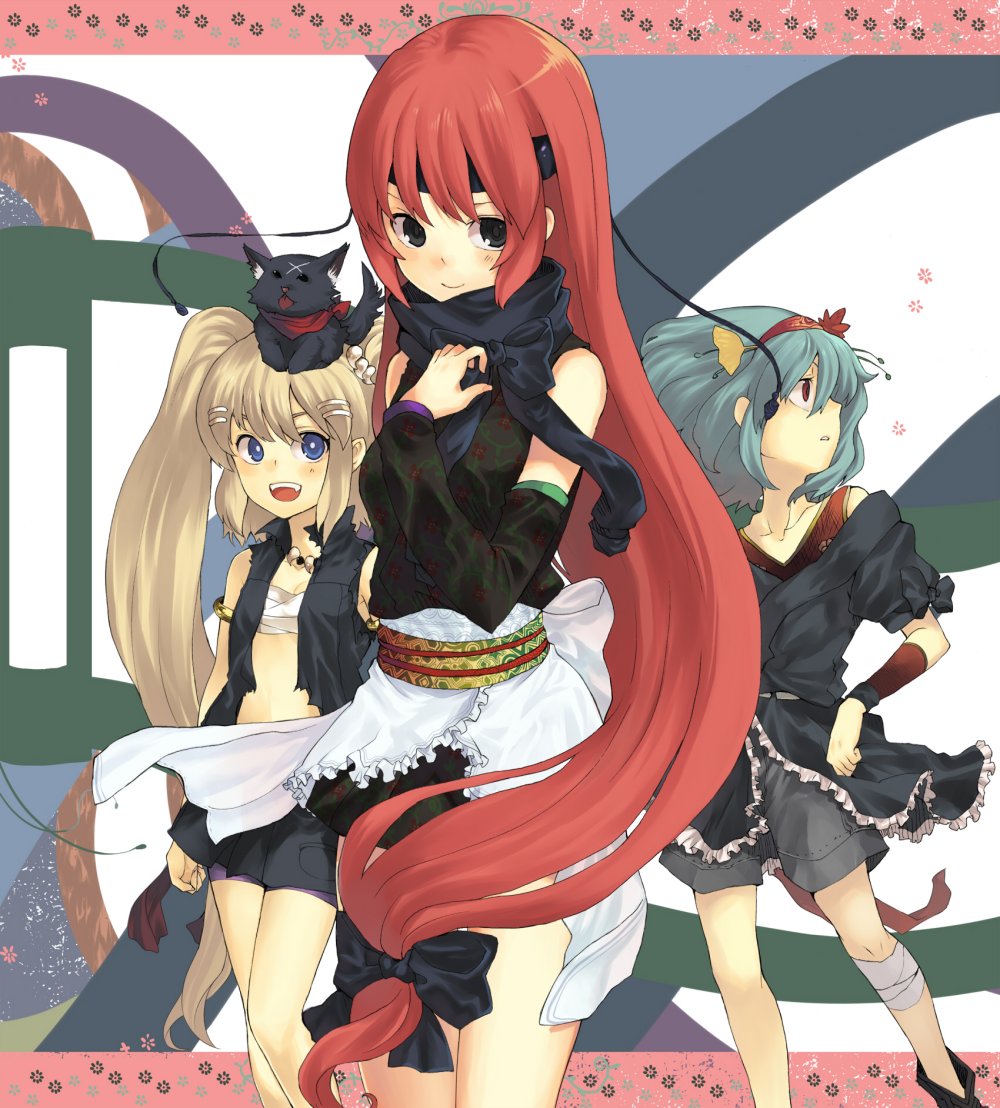 aki_(mare_desiderii) animal_on_head bad_id bandages bare_shoulders black_eyes blonde_hair blue_eyes blue_hair bow cat cat_on_head detached_sleeves green_eyes hair_bow hair_ornament hairband hairclip headband long_hair multiple_girls open_mouth original red_eyes red_hair redhead sarashi short_hair shorts smile