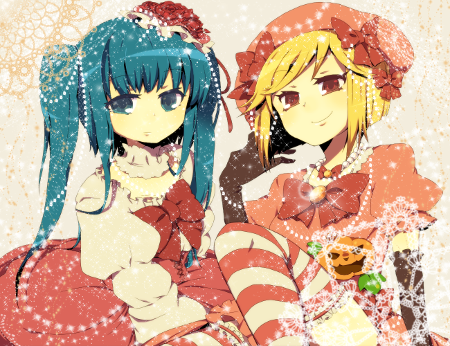 aqua_eyes aqua_hair azuma_seiji beret blonde_hair dress elbow_gloves furudo_erika gloves hat lambdadelta multiple_girls pumpkin red_eyes ribbon short_hair thigh-highs thighhighs twintails umineko_no_naku_koro_ni zettai_ryouiki