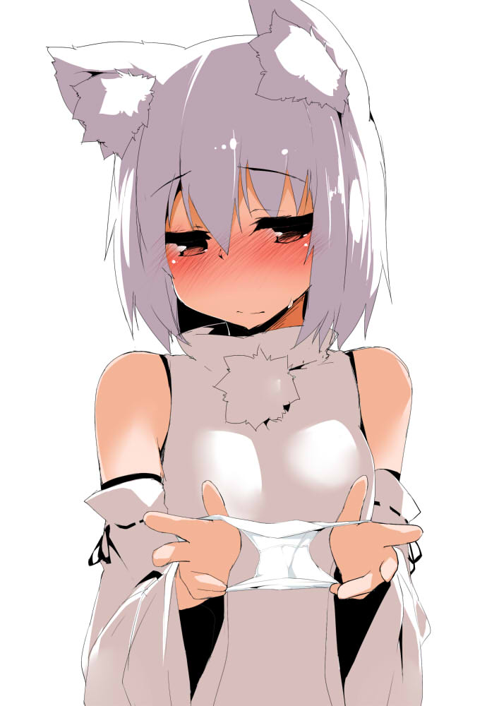 1girl animal_ears blush breasts inubashiri_momiji large_breasts looking_at_viewer panties pantsu_no_hi red_eyes short_hair simple_background solo tera_zip touhou underwear white_background white_hair wolf_ears