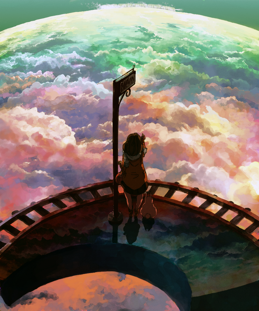 1girl above_clouds akashia clouds fantasy highres lamppost looking_afar original pointing pointing_forward rabbit railing solo standing train