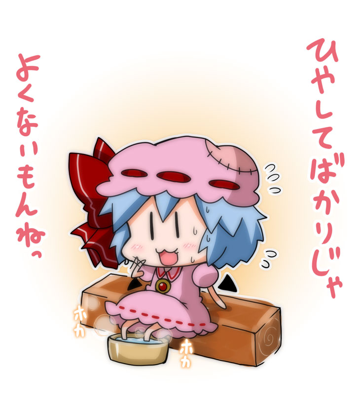 1girl :3 bat_wings blue_hair bow brooch chibi commentary_request detached_wings flying_sweatdrops hat hat_bow jewelry mob_cap noai_nioshi open_mouth patch puffy_short_sleeves puffy_sleeves red_bow remilia_scarlet short_hair short_sleeves sitting solo sweat touhou translation_request wings |_|