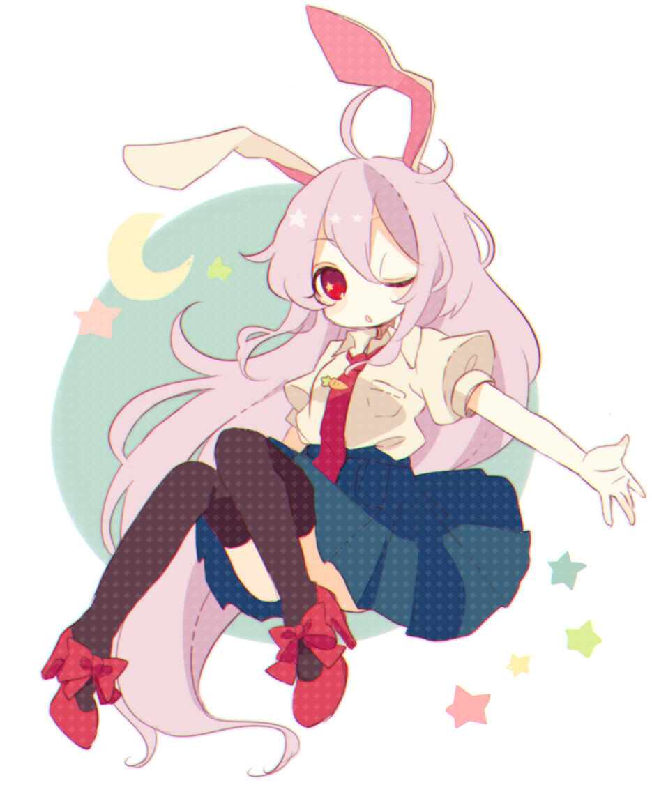1girl animal_ears carrot crescent_moon daizu_(melon-lemon) long_hair moon necktie one_eye_closed outstretched_arm purple_hair rabbit_ears red_eyes reisen_udongein_inaba skirt solo touhou very_long_hair