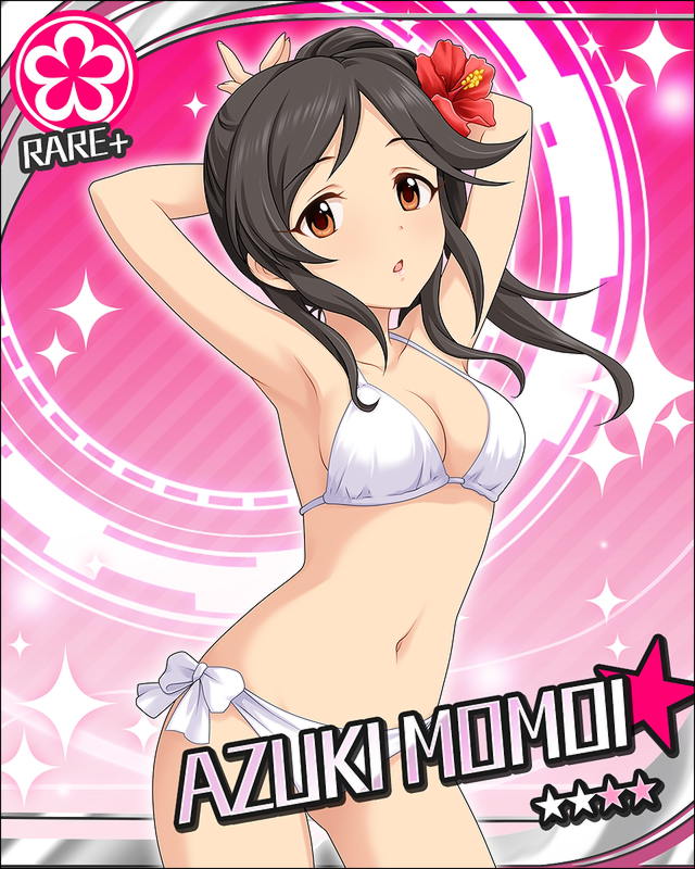 armpits bikini black_eyes black_hair blush character_name idolmaster idolmaster_cinderella_girls long_hair momoi_azuki odango stars