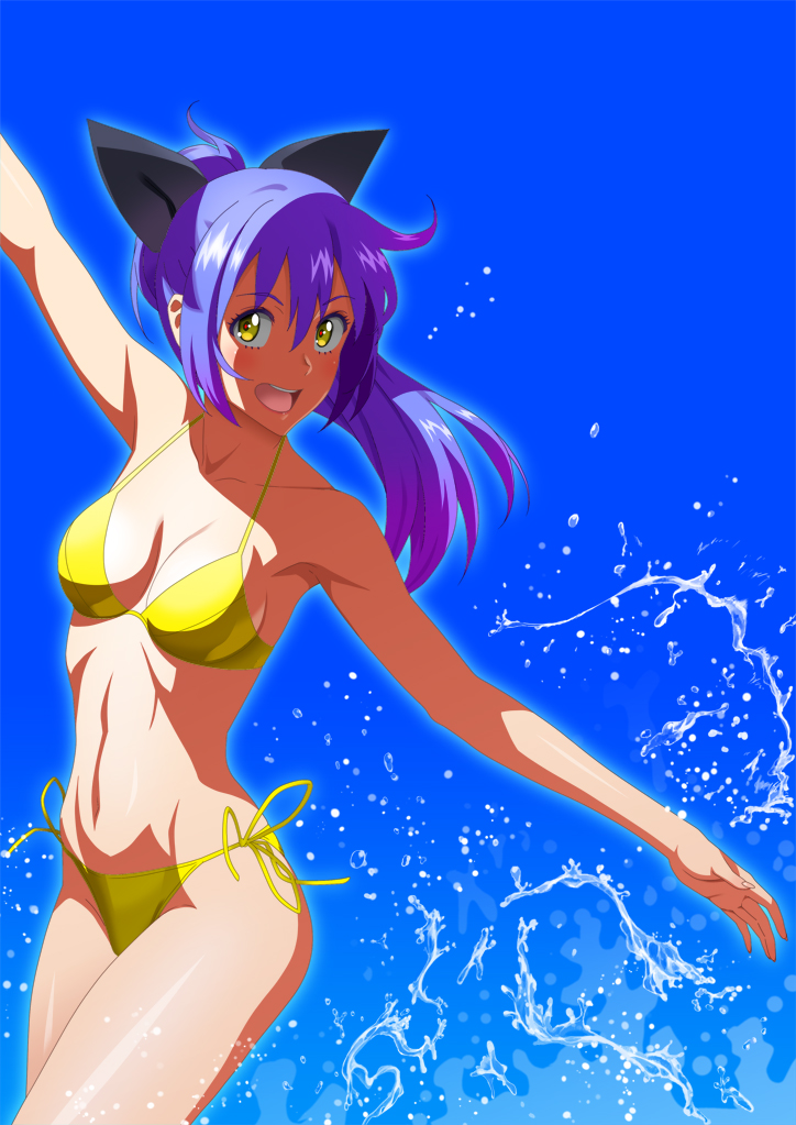 1girl bikini long_hair original ponytail purple_hair splashing swimsuit water yamamoto_nanashiki yellow_eyes