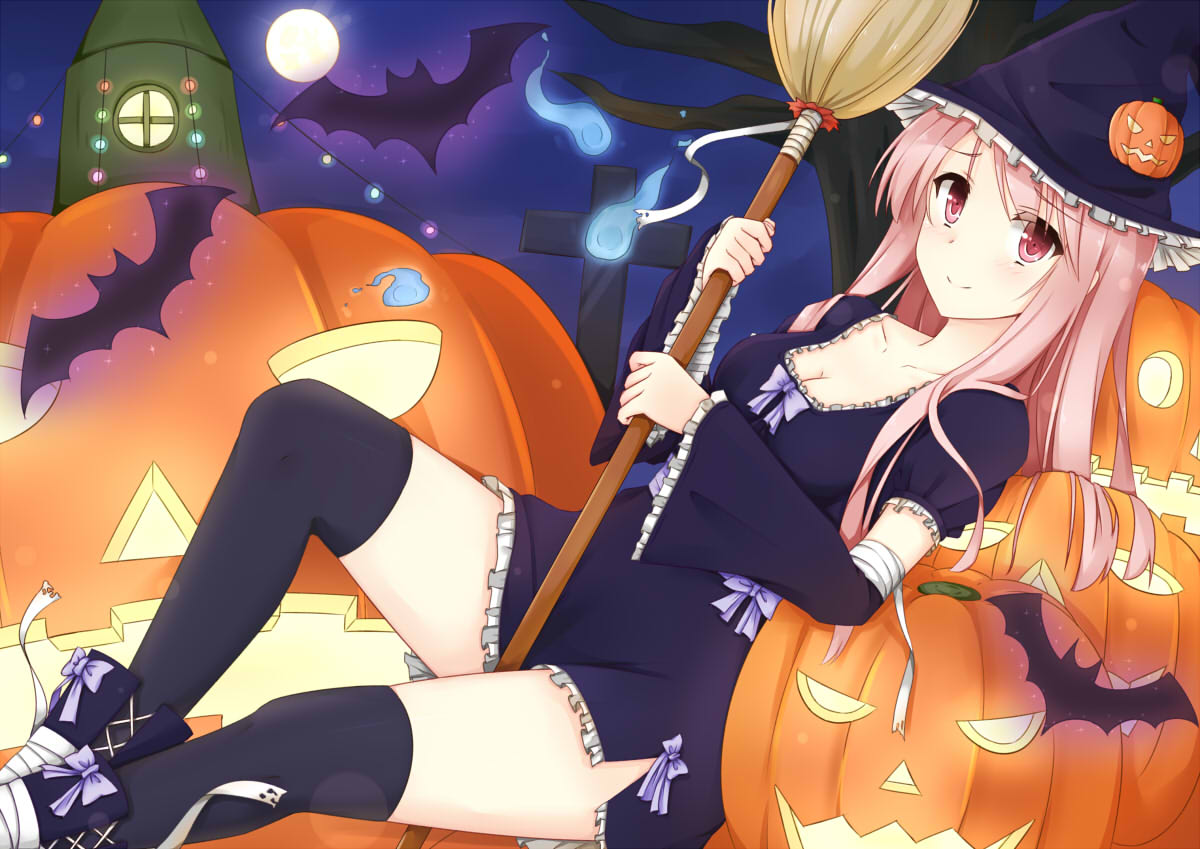 1girl bat blush breasts cleavage cross dress female full_moon halloween hat hitodama jack-o'-lantern long_hair looking_at_viewer moon original pink_eyes pink_hair smile solo thighhighs tsuchikure_(3105mitoko) witch witch_hat