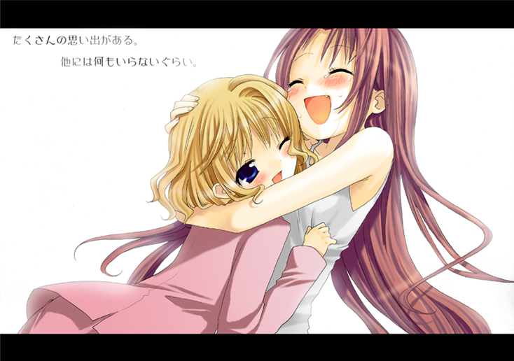 00s 2girls :d ;d ^_^ air arm_around_neck blonde_hair blue_eyes blush brown_hair closed_eyes fang hand_on_another's_head hug kamio_haruko kamio_misuzu letterboxed long_hair multiple_girls namori one_eye_closed open_mouth smile tears translated wince