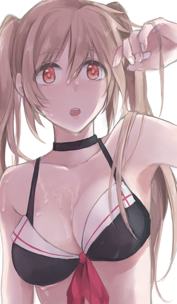 1girl adapted_costume bikini blush breasts brown_hair cleavage collarbone dripping hand_in_hair kantai_collection large_breasts long_hair looking_at_viewer murasame_(kantai_collection) open_mouth red_eyes simple_background solo swimsuit twintails upper_body wet white_background yueko_(nmyeuk)