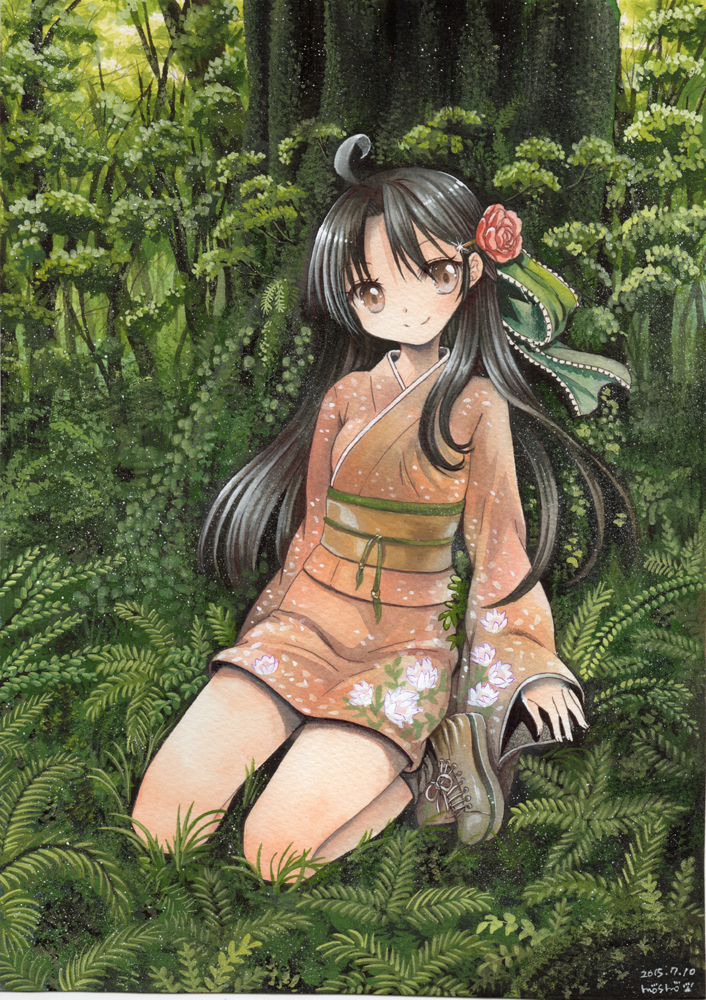 1girl against_tree ahoge ayanokouji_himeno black_hair brown_eyes colored_pencil_(medium) floral_print flower forest hair_flower hair_ornament japanese_clothes kimono leaning_back long_hair long_sleeves looking_at_viewer love_live!_school_idol_project mosho nature obi paint_(medium) sash seiza sitting smile solo traditional_media tree very_long_hair watercolor_(medium) wide_sleeves