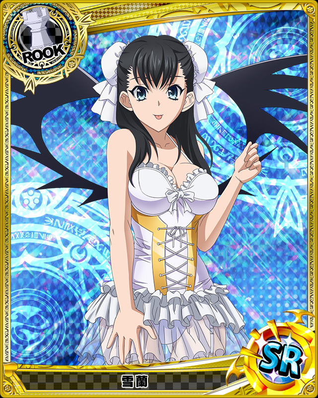 1girl :p artist_request black_hair blue_background blue_eyes breasts bun_cover card_(medium) chess_piece cleavage demon_wings double_bun dress garter_straps hand_on_thigh high_school_dxd long_hair official_art rook_(chess) solo tongue tongue_out trading_cards white_dress wings xuelan