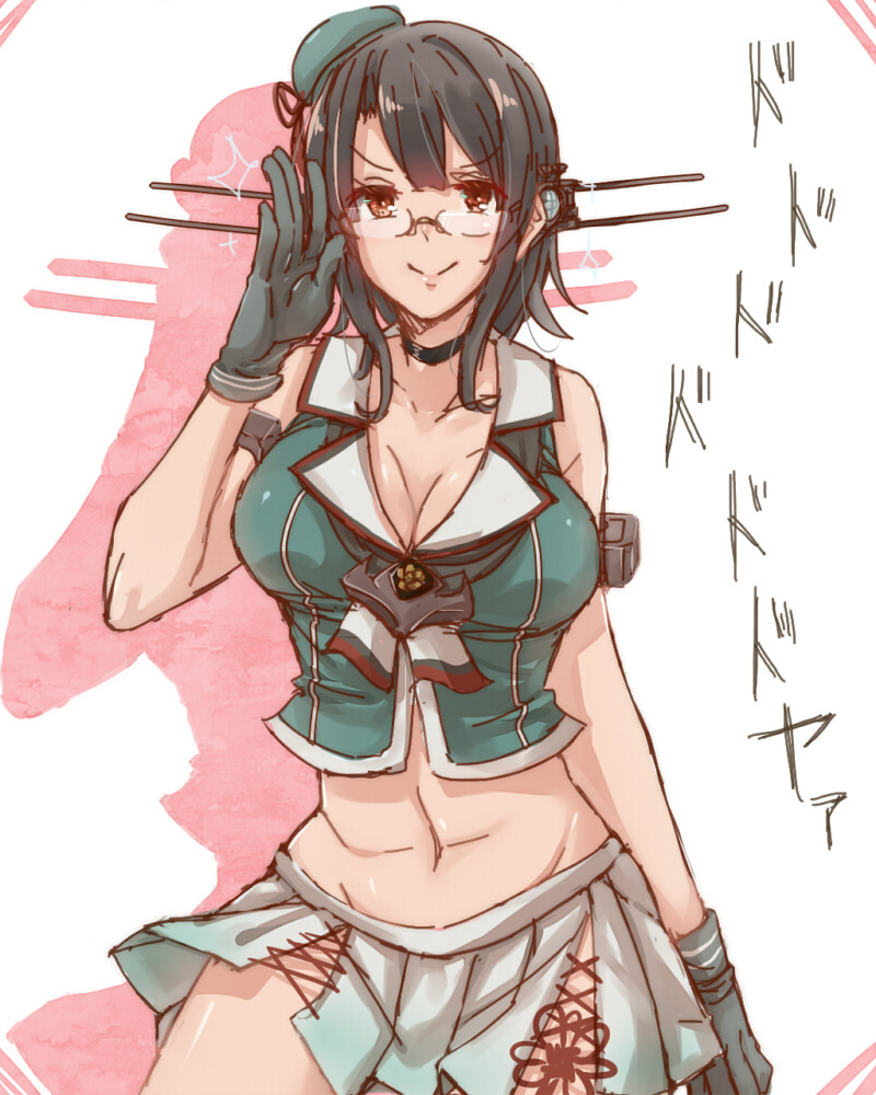 &gt;:&gt; 1girl bare_shoulders black_hair breasts brown_eyes choukai_(kantai_collection) choukai_(kantai_collection)_(cosplay) cleavage glasses gloves groin hair_ornament hat hollomaru kantai_collection large_breasts look-alike midriff salute short_hair smile takao_(kantai_collection)