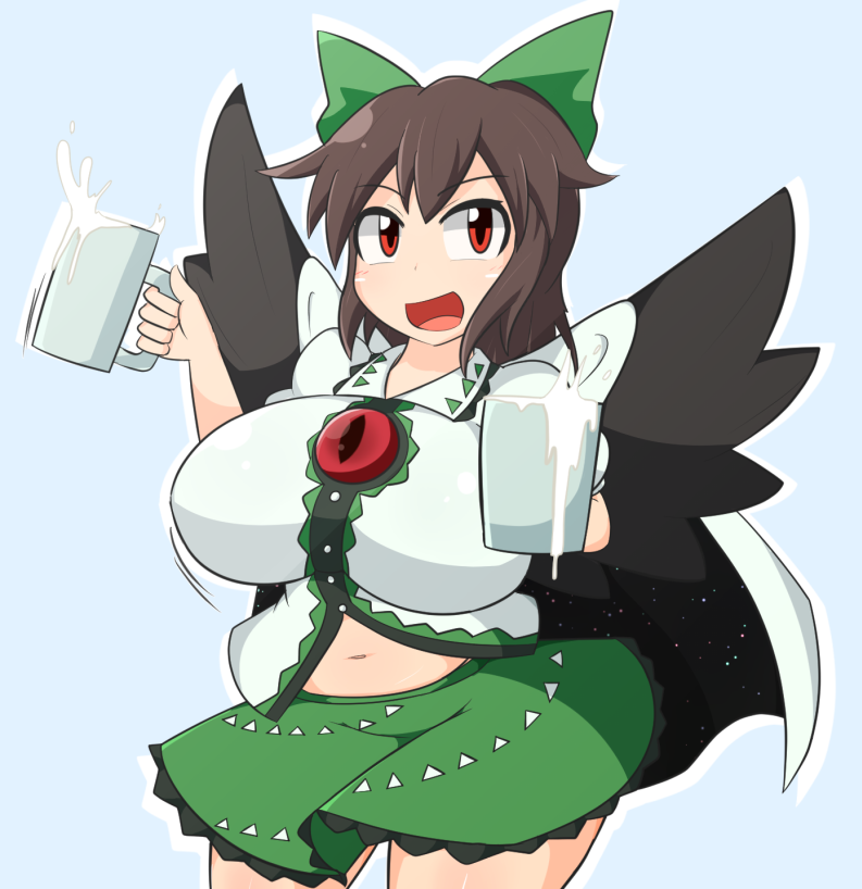 1girl :d beer_mug belly belly_peek bird_wings blush bouncing_breasts bow breasts brown_hair cape cowboy_shot date_pun hair_bow huge_breasts long_hair looking_at_viewer manorea milk navel no_text number_pun offering_drink open_clothes open_mouth open_shirt plump red_eyes reiuji_utsuho shirt skirt smile solo third_eye touhou translated wide_hips wings