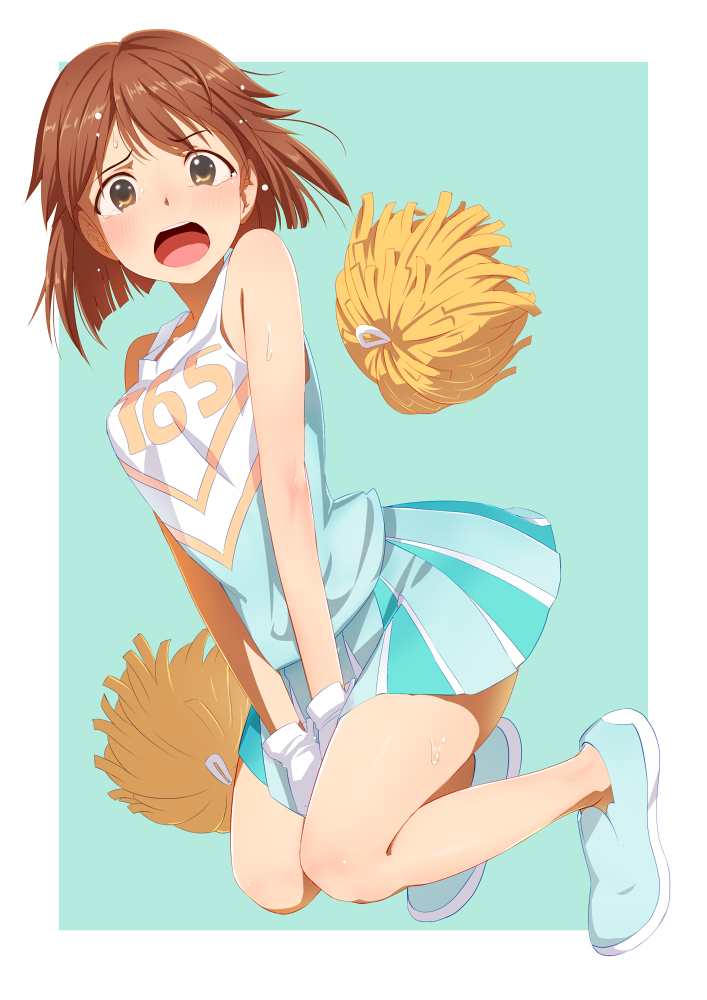 1girl :o aqua_background bare_legs bare_shoulders blush brown_eyes brown_hair cheerleader covering covering_crotch embarrassed full_body gloves hagiwara_yukiho halo0002 idolmaster looking_at_viewer no_socks open_mouth pleated_skirt pom_poms shoes short_hair skirt sleeveless solo sweat tears white_gloves